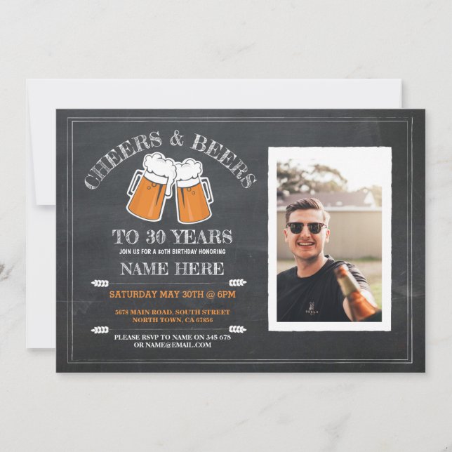 Cheers & Beers Birthday Chalk Party Foto Einladung (Vorderseite)