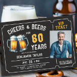 Cheers Beers Ticket Men Black 60. Geburtstag Foto Einladung<br><div class="desc">Sie suchen nach Männervorstellungen zum 60. Geburtstag? Diese rustikalen Geburtstagsfeier mit einem Party-Thema, das eine Illustration von zwei Biersorten, dem Titel "Cheers and Beers", einem Ticketrahmen und einer Fotovorlage enthält, sind nur die.. Tickets, um Ihren Mann stilvoll zu feiern. Diese 60. Geburtstagsfeier Einladungen für Männer mit einem Bierthema können einfach...</div>