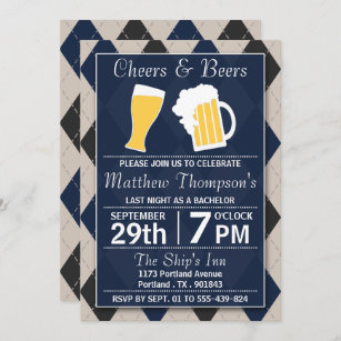 Cheers & Beers Trendy Navy Bachelor Party Einladung
