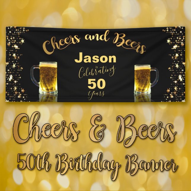 Cheers & Bers 50. Geburtstag Banner (Cheers & Beers Celebrating 50th Birthday Banner in Black and Gold featuring 2 frosty mugs of beer.)
