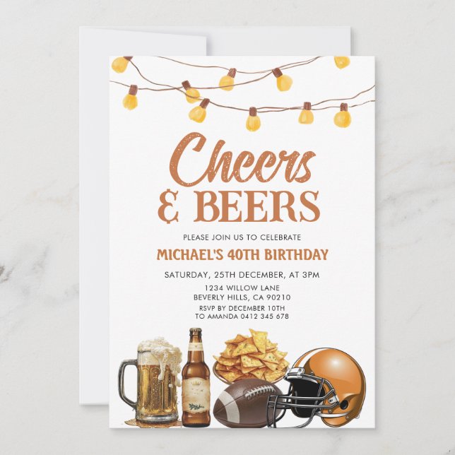 Cheers & Bers Adult Birthday String Lights Party Einladung (Vorderseite)