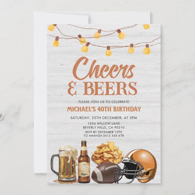 Cheers & Bers Adult Birthday String Lights Wood Einladung (Vorderseite)