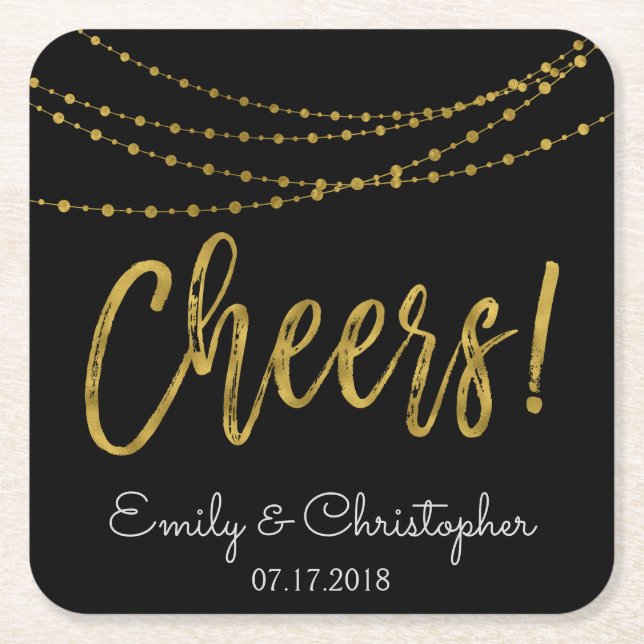 Cheers Black and Gold Foil String Lights Rechteckiger Pappuntersetzer (Vorderseite)