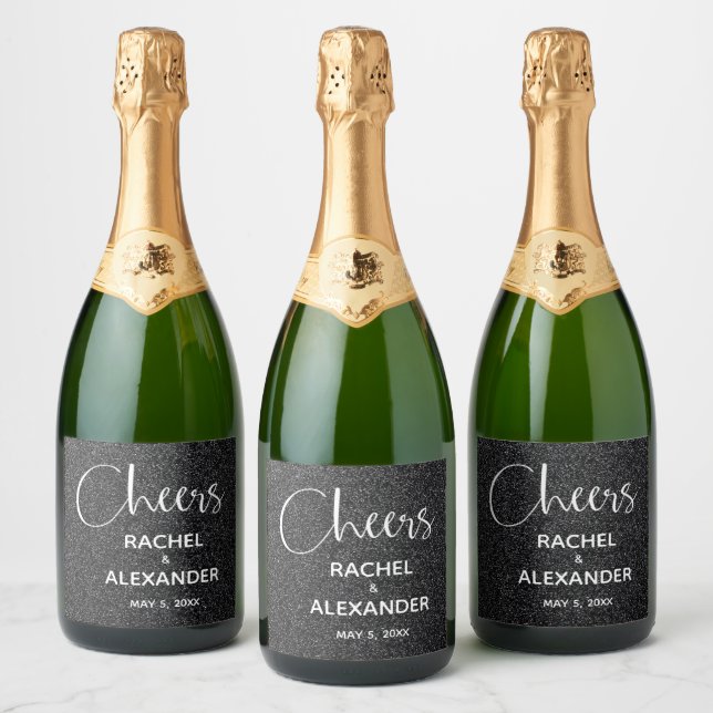 CHEERS Black Glitzer Wedding Sparkling Wine Labels (Flaschen)