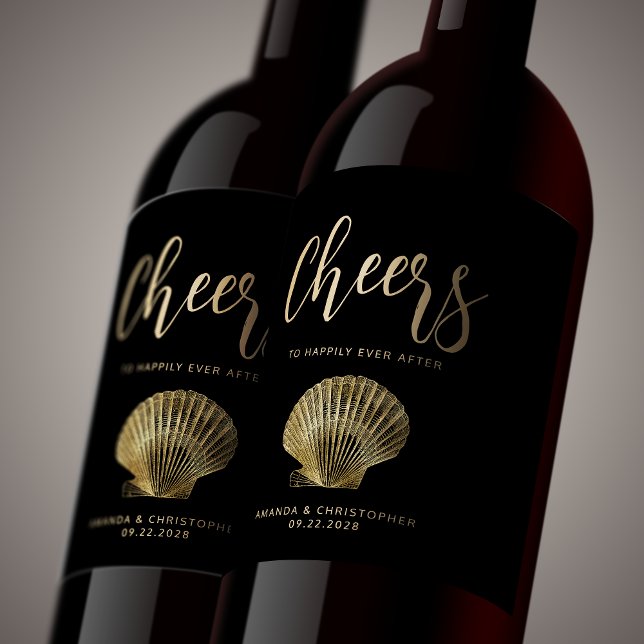 Cheers Black Gold Coastal Beach Hochzeit Weinetikett (Von Creator hochgeladen)