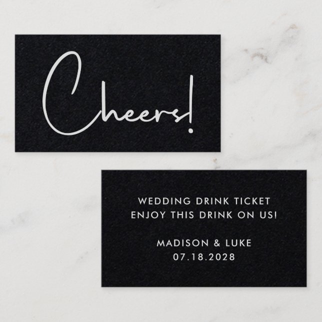 Cheers Black Modern Wedding Drink Token Ticket (Vorne/Hinten)