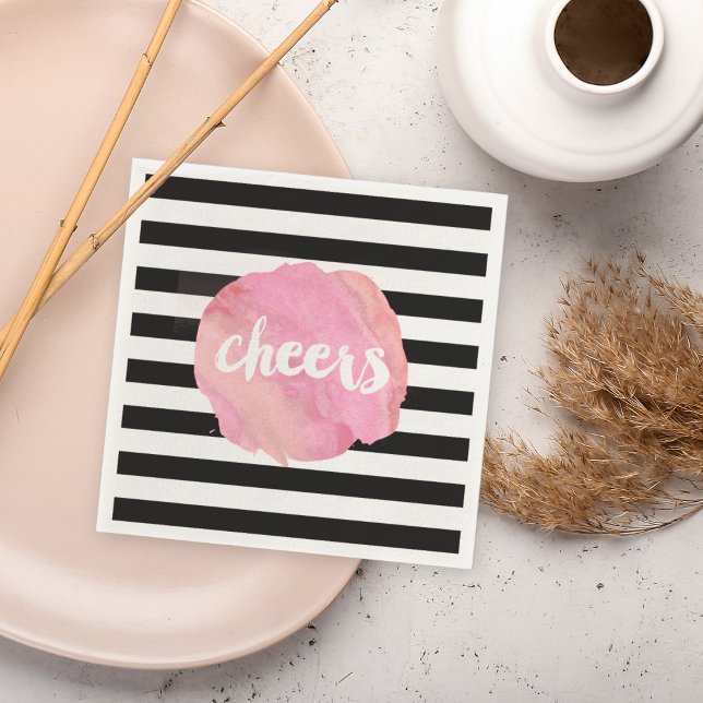 Cheers Black Stripe & Pink Watercolor Serviette (Von Creator hochgeladen)