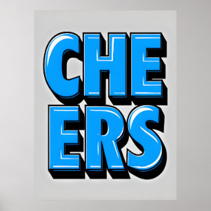 CHEERS Bold Blue Text Poster - Retro Pop Style