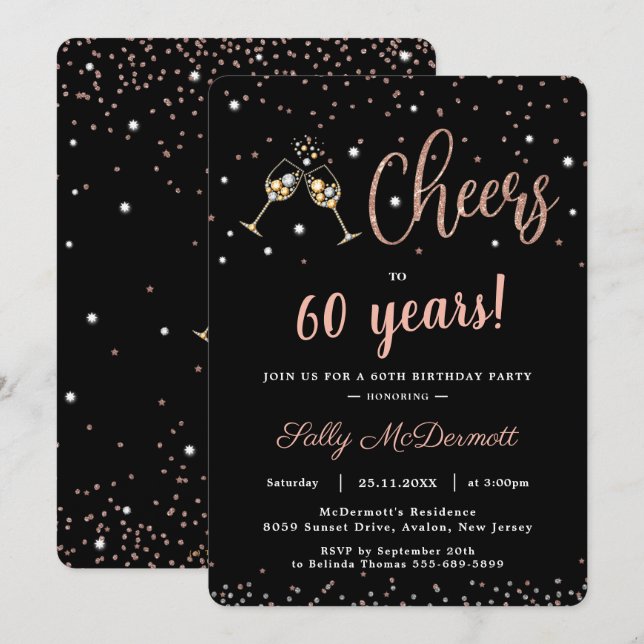Cheers Bubbly Birthday Party Rose Gold JEDES ALTER Einladung (Vorne/Hinten)