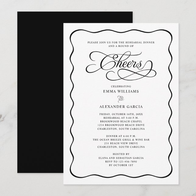 Cheers Calligraphy Wavy Border Probe Dinner Einladung (Vorne/Hinten)