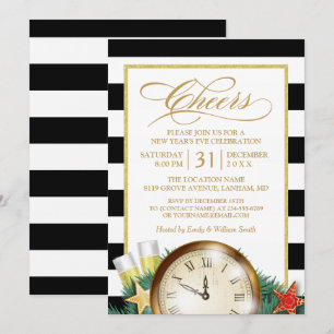 Cheers Champagne Clock Stripes Silvester Party Einladung