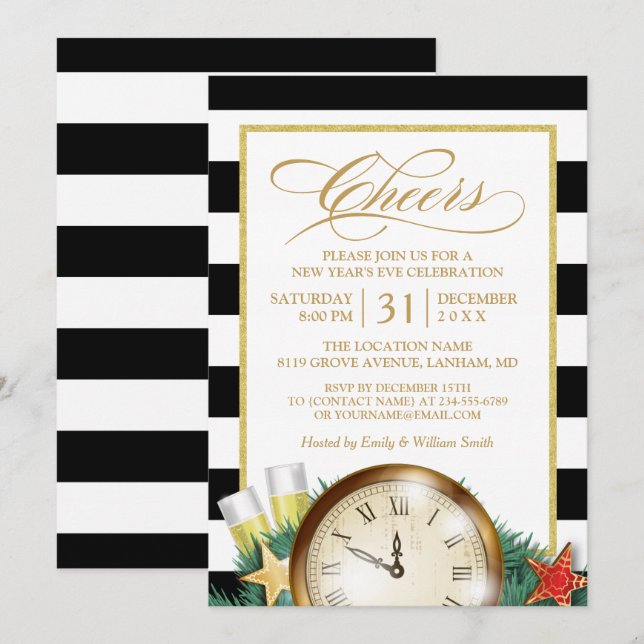 Cheers Champagne Clock Stripes Silvester Party Einladung (Vorne/Hinten)
