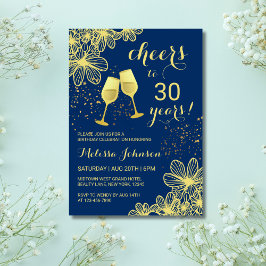 Cheers Champagne Floral Gold Navy Blue Geburtstag Einladung
