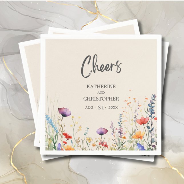 Cheers Colorful Wildblumen Elegante Beige Hochzeit Serviette (Cheers Colorful Wildflowers Wedding Napkin with purple, orange, red wildflowers, beige background.)
