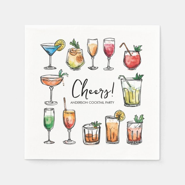 Cheers Doodle Drawing Holiday Cocktail Party Serviette (Vorderseite)