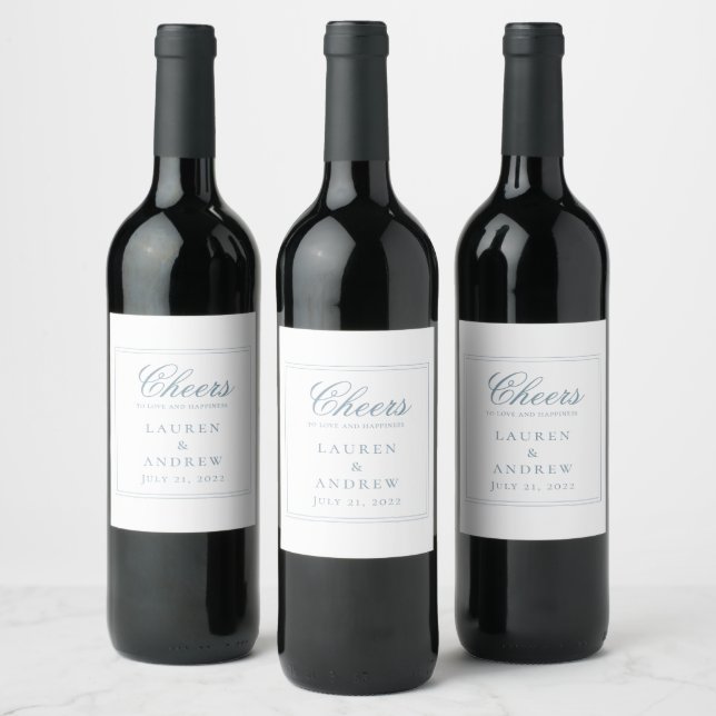 Cheers Dusty Blue Moderne Minimalistische Hochzeit Weinetikett (Flaschen)