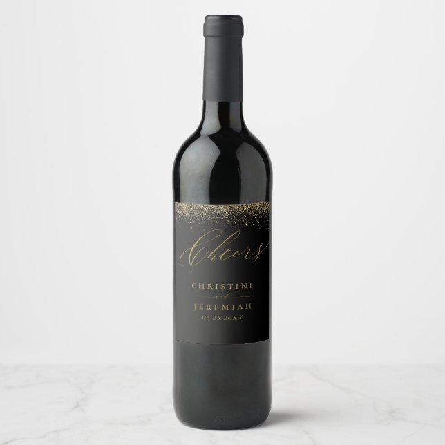 Cheers Elegant Gold Script Black Wedding Wine Labe Weinetikett (Vorderseite)