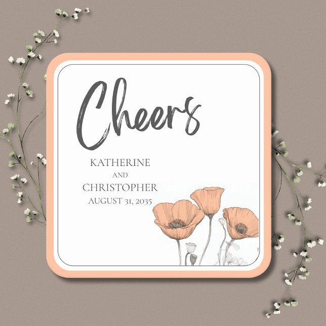 Cheers Elegant Peach Floral Poppies Hochzeit Rechteckiger Pappuntersetzer (Cheers Peach Poppies Paper Wedding Coaster is Modern & Elegant to coordinate with your wedding decor)