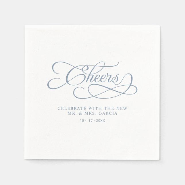 Cheers Elegant Wedding Calligraphy Dusty Blue Serviette (Vorderseite)