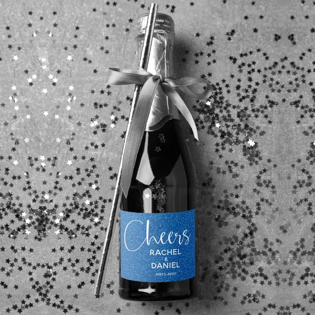 Cheers Faux BLUE GLITTER Wedding Mini (Cheers blue faux glitter mini sparkling wine labels personalized for your wedding)