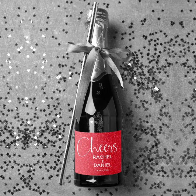 Cheers Faux RED GLITTER Wedding Mini (Cheers red faux glitter mini sparkling wine labels personalized for your wedding)