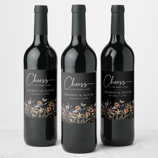 Cheers Floral Wedding Weinetikett (Cheers Boho Black Floral Wedding Wine Label by Painted Paperie
)