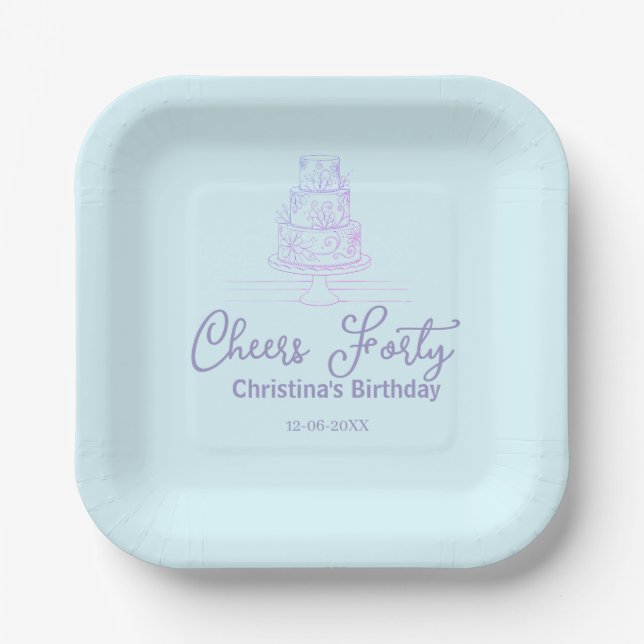 Cheers forty happy birthday cake blue purple name  pappteller (Vorderseite)