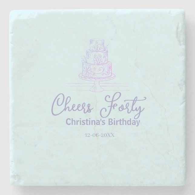 Cheers forty happy birthday cake blue purple name  steinuntersetzer (Vorderseite)