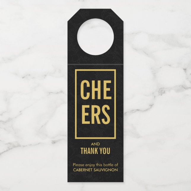 Cheers Gold auf Black Damask Flaschenanhänger (Vorderseite)