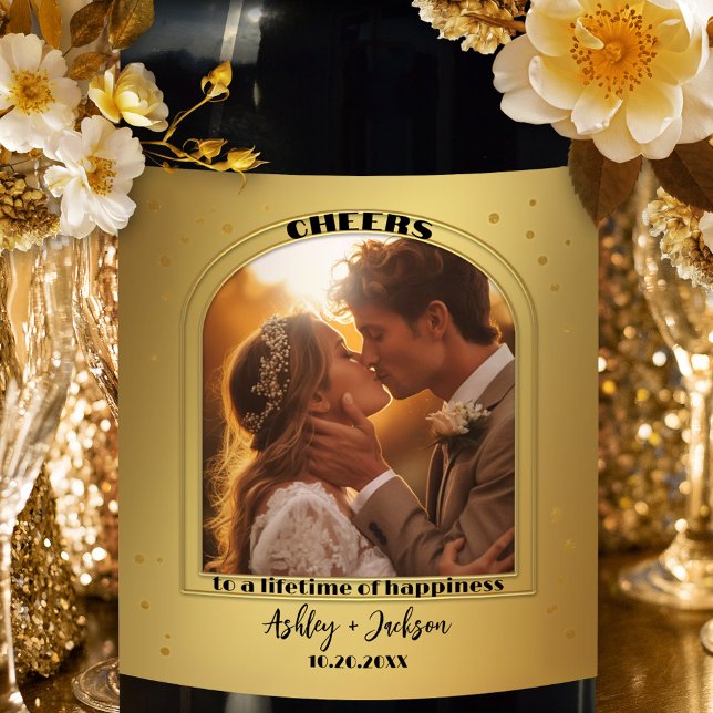 Cheers Gold Confetti Foto Weinetikett (A stylish (wedding) wine label featuring a festive gold design with sparkling confetti.)