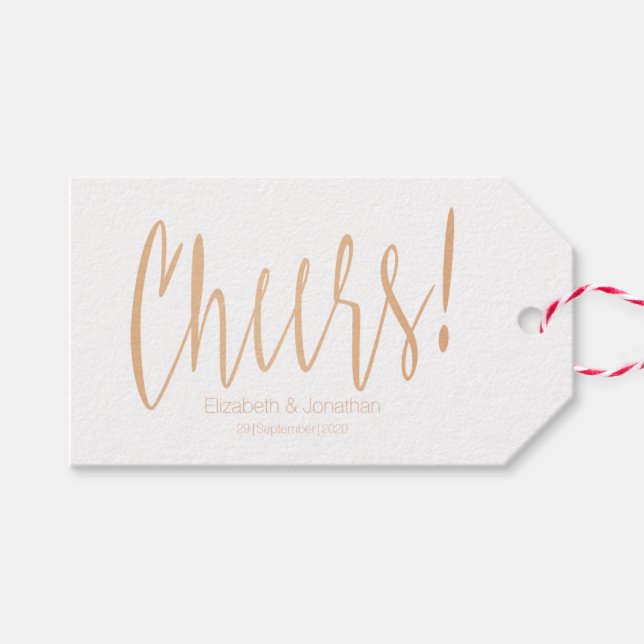 Cheers Gold Rose Calligraphy Gastgeschenk Hochzeit Geschenkanhänger (Vorderseite (Horizontal))