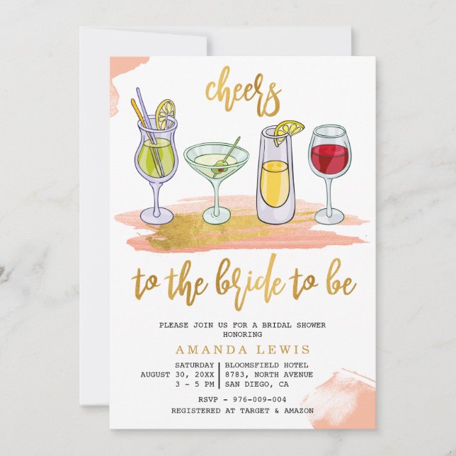 Cheers Gold Script Drinks Blush Brautparty Einladung (Vorderseite)