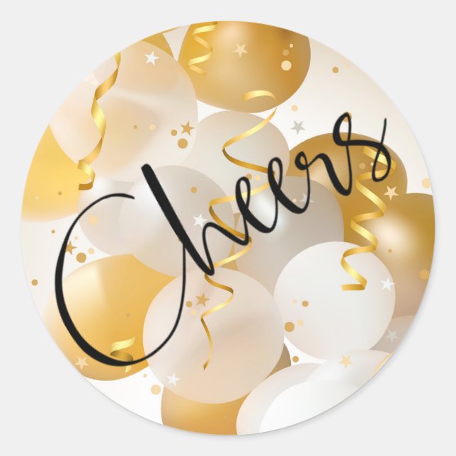 Cheers Gold und Weiße Ballons Runder Aufkleber (Vorderseite)