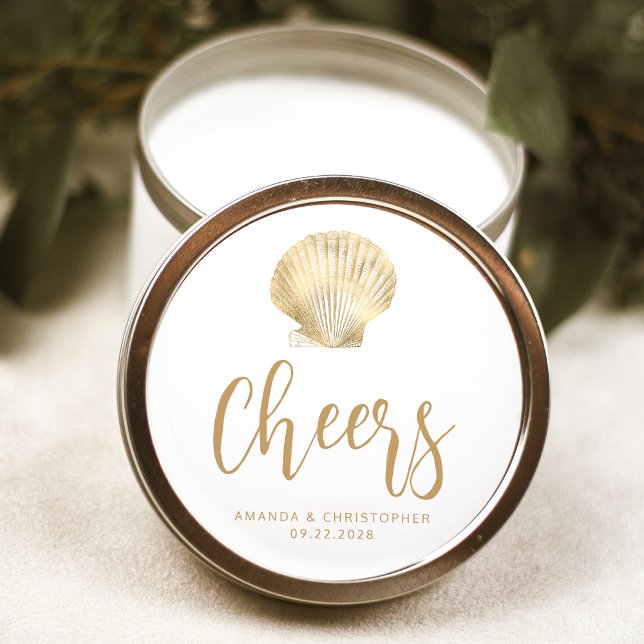 Cheers Gold White Coastal Beach Hochzeit Runder Aufkleber (Von Creator hochgeladen)