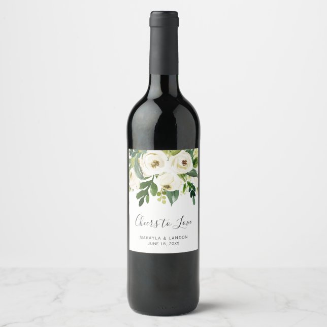 Cheers Greenery Elegant White Floral Wedding Weinetikett (Vorderseite)
