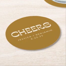 Cheers Groovy Gold Typografy Names Wedding Runder Pappuntersetzer