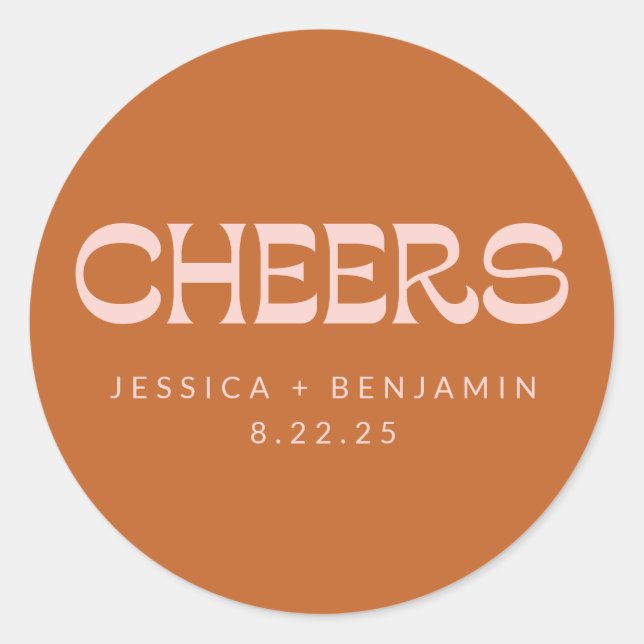 Cheers Groovy Terracotta Individuellen Namens Wedd Runder Aufkleber (Vorderseite)