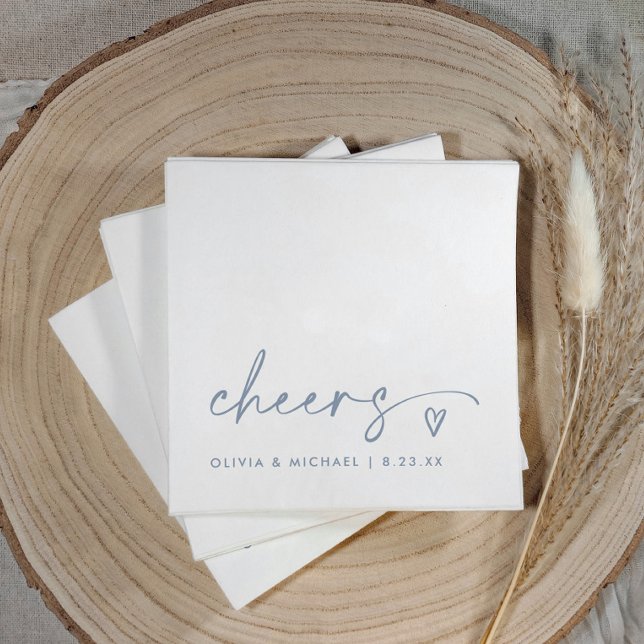 Cheers Handwriting & Heart Dusty Blue Wedding Serviette (Dusty blue “cheers” wedding napkins with handwritten script, heart accent, and simple modern style.)
