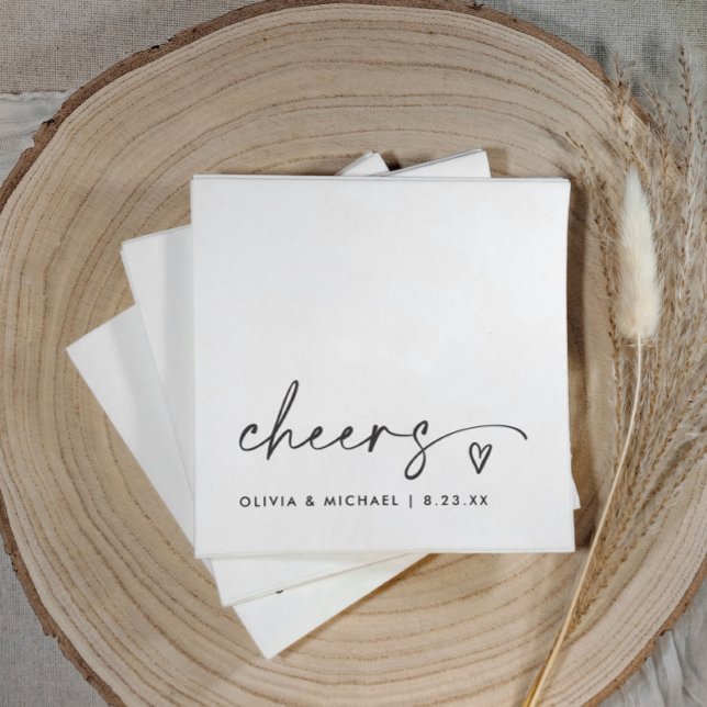 Cheers Handwriting & Heart Fun Wedding Serviette (Elegant black and white “cheers” napkins with modern handwriting and heart design)