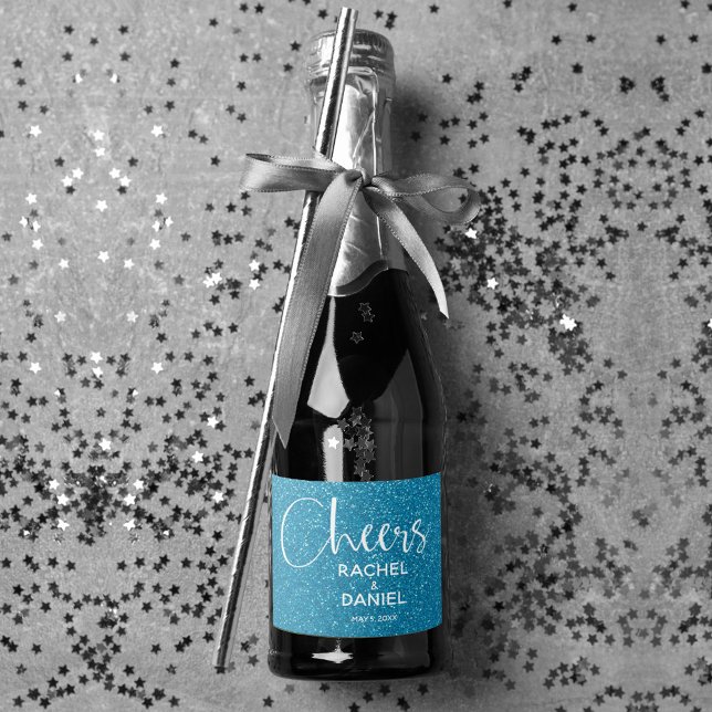 Cheers Imitate TURQUOISE GLITZER Wedding Mini (Cheers turquoise faux glitter mini sparkling wine labels personalized for your wedding)