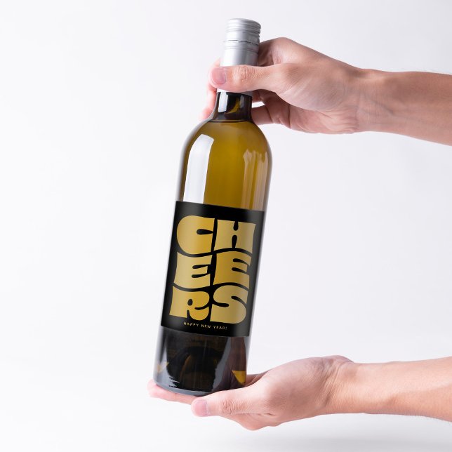 Cheers lustig funky Black Gold Retro Neujahr Weinetikett (Von Creator hochgeladen)