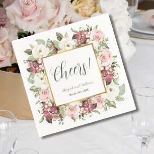 Cheers Mauve Pink Florals Gold Frame Wedding Serviette