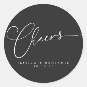 Cheers Minimal Black Elegant Script Custom Wedding Runder Aufkleber