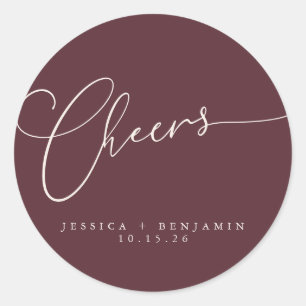 Cheers Minimal Burgundy Script Custom Wedding Runder Aufkleber