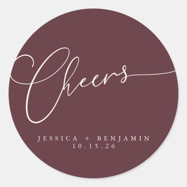 Cheers Minimal Burgundy Script Custom Wedding Runder Aufkleber (Vorderseite)