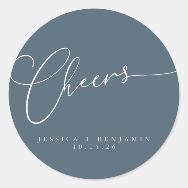Cheers Minimal Dark Blue Script Custom Wedding Runder Aufkleber (Vorderseite)