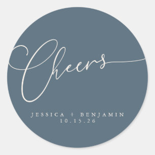 Cheers Minimal Dark Blue Script Custom Wedding Runder Aufkleber