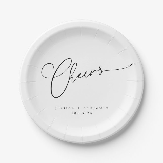 Cheers Minimal Schwarz-weiße Script Custom Wedding Pappteller (Vorderseite)