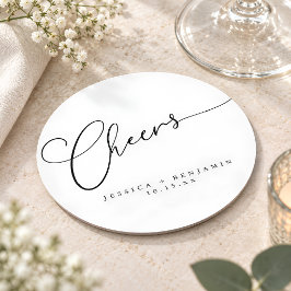Cheers Minimal Schwarz-weiße Script Custom Wedding Runder Pappuntersetzer