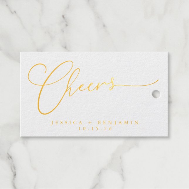 Cheers Minimal Script Wedding Foto White Gold Geschenkanhänger (Vorderseite (Horizontal))